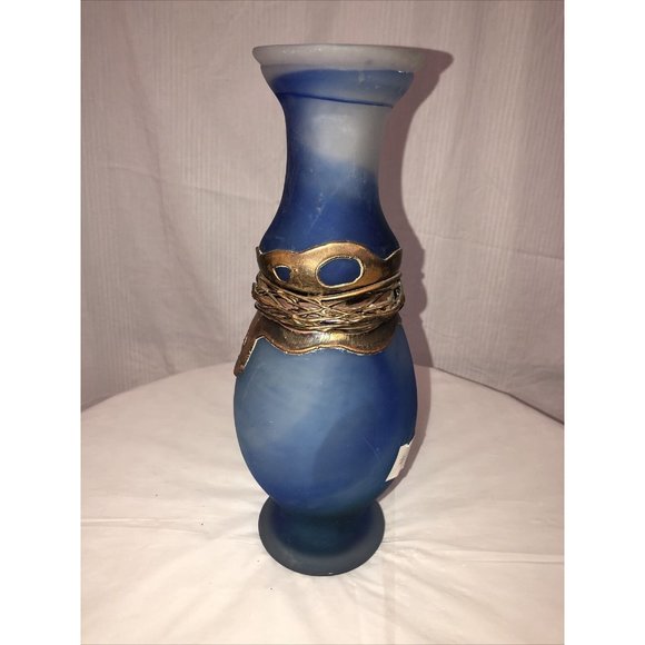 Handmade Art Glass Vase Coated Metal Blue - Picture 2 of 9